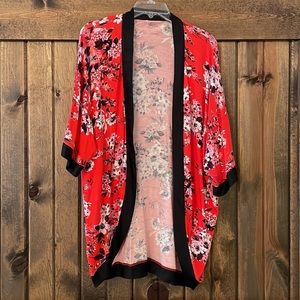 Super soft red floral kimono with satin trim